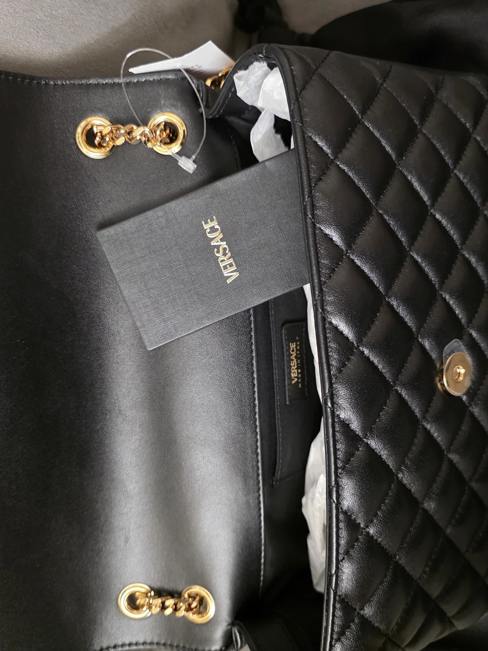Versace Black Quilted Shoulder Bag with Gold Chain